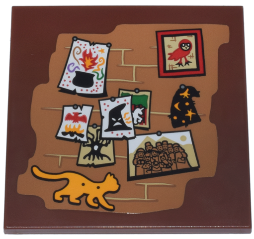 Tile 6 x 6 with Bottom Tubes with Brick Wall with Pinned Photos Red Owl, Black Hat, Cauldron and Tree, and Bright Light Orange Cat Pattern (Sticker) - Set 76437