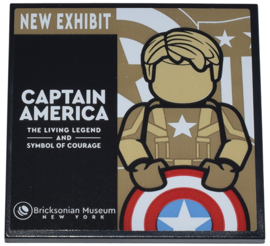 Tile 6 x 6 with Bottom Tubes with Tan and Dark Tan Steve Rogers Mannequin and Red, White and Medium Blue Shield, 'NEW EXHIBIT' and 'CAPTAIN AMERICA' Pattern (Sticker) - Set 76218