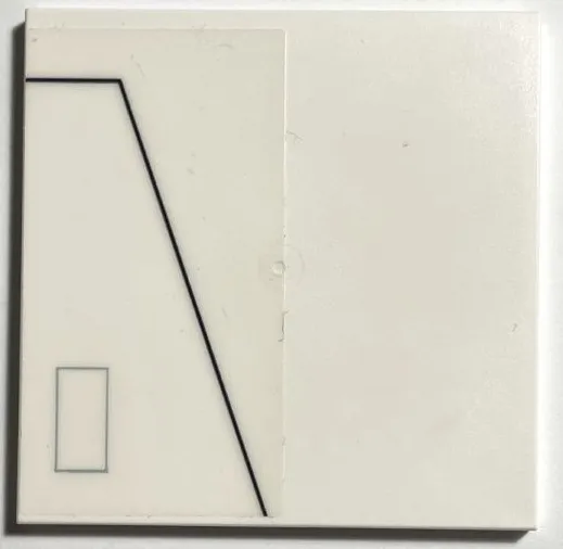 Tile 6 x 6 with Bottom Tubes, Textured Surface with Hull Plates, Dark Bluish Gray Rectangle and Black Bent Line Pattern Model Left Side (Sticker) - Set 75309