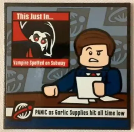 Tile 6 x 6 with Bottom Tubes, Textured Surface with 'This Just In...', 'Vampire Spotted on Subway', 'PANIC as Garlic Supplies hit all time low' and Male News Anchor Minifigure at Desk Pattern (Sticker) - Set 76178