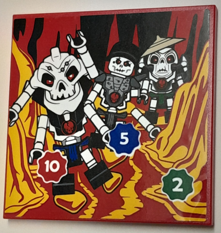 Tile 6 x 6 with Bottom Tubes with NINJAGO Samukai, Chopov and Wyplash Minifigures in Lava, White Number 2, 5 and 10 in Green, Blue and Red Starburst Pattern (Sticker) - Set 40429