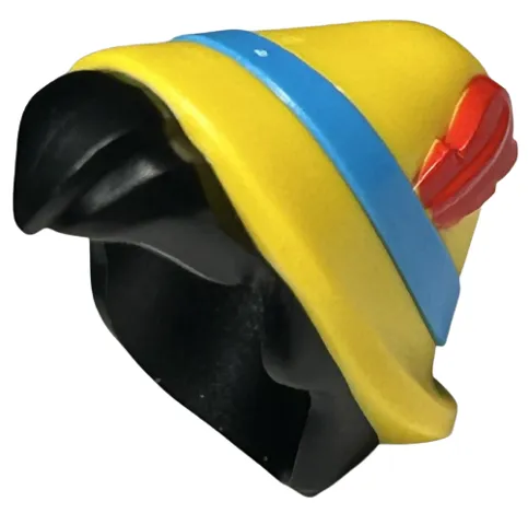 Minifigure, Hair Combo, Hair with Hat, Short Hair with Quiff with Molded Yellow Hat and Dark Azure Band and Printed Red Feather Pattern