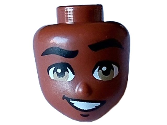 Mini Doll, Head Friends with Black Thick Eyebrows, Left Raised, Dark Tan Eyes, Chin Dimple, and Lopsided Open Mouth Smile with Teeth Pattern