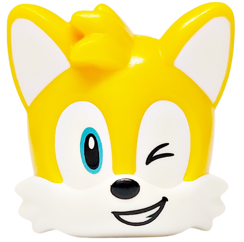 Minifigure, Head, Modified Fox with Molded White Face and Ears and Printed Wink Left and Medium Azure Eye Right, Black Nose and Open Smile Pattern