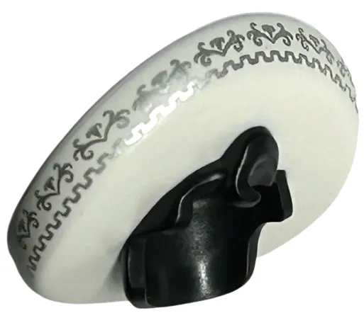 Minifigure, Hair Combo, Hat with Hair, Mexican Sombrero with Bows with Molded Black Short Hair with Quiff and Printed Silver Ornate Trim Pattern