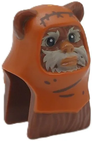 Minifigure, Head, Modified SW Ewok with Molded Dark Orange Hood and Printed Dark Brown Stitching and Wrinkles, Medium Nougat Lips and Nose, Tan Face Fur Pattern