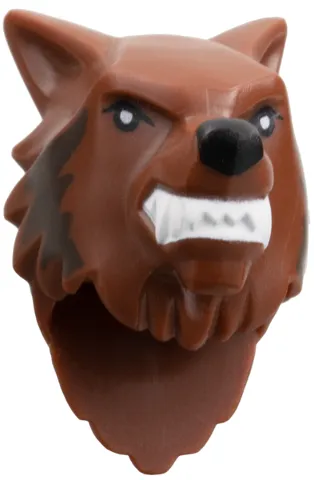 Minifigure, Head, Modified Wolf with Black Nose, White Teeth and Fangs, Dark Brown Fur Pattern