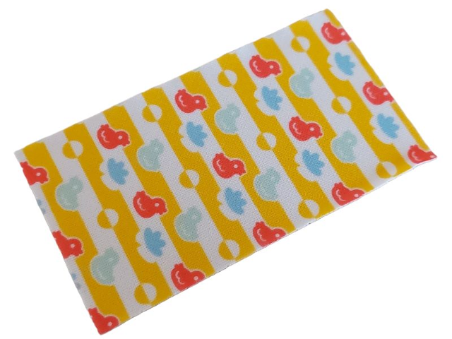 Duplo, Cloth Towel 5 x 9 cm with Coral and Light Aqua Ducks, Medium Blue Spots and Yellow Stripes Pattern
