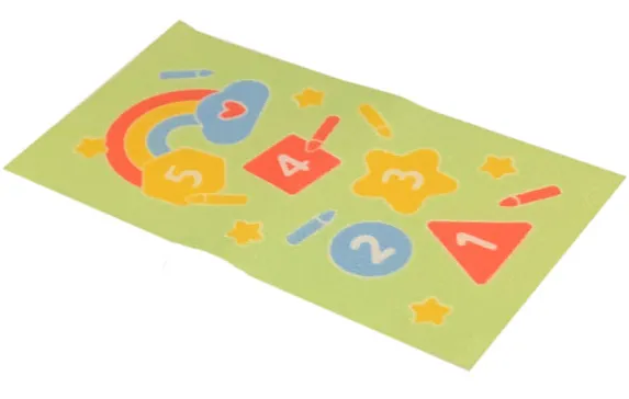 Duplo, Cloth Play Rug 5 x 9 cm with Coral, Yellow, and Medium Blue Shapes, Crayons and Rainbow on Yellowish Green Background Pattern