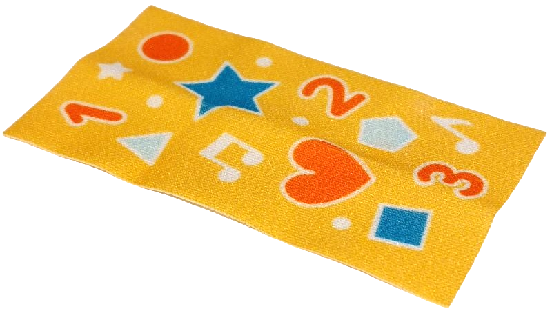 Duplo, Cloth Play Rug 5 x 9 cm with Blue Star and Square, White Music Notes and Dots, Light Aqua Triangle and Prisma, Coral Circle, Heart and Numbers 1, 2, 3 on Yellow Background Pattern