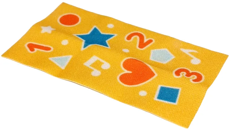 Duplo, Cloth Play Rug 5 x 9 cm with Blue Star and Square, White Music Notes and Dots, Light Aqua Triangle and Prisma, Coral Circle, Heart and Numbers 1, 2, 3 on Yellow Background Pattern