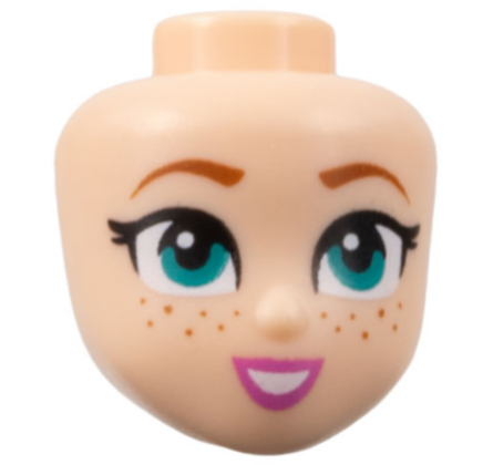 Mini Doll, Head Friends with Dark Orange Eyebrows and Freckles, Dark Turquoise Eyes, Dark Pink Lips and Narrow Open Mouth Smile with Teeth Pattern