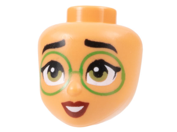 Mini Doll, Head Friends with Black Eyebrows, Large Bright Green Glasses, Olive Green Eyes, Dark Red Lips, Open Mouth Smile with Teeth Pattern