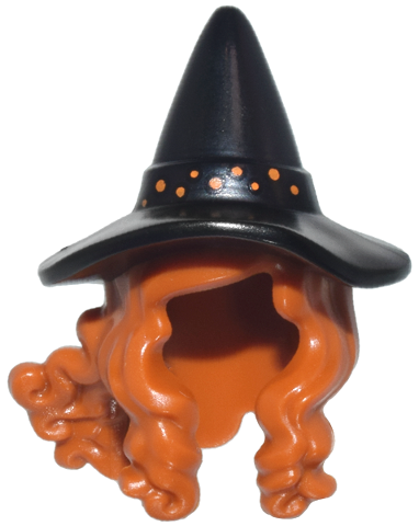 Minifigure, Hair Combo, Hair with Hat, Long Hair with 2 Braids over Shoulders with Molded Black Witch Hat with Printed Orange Spots Pattern