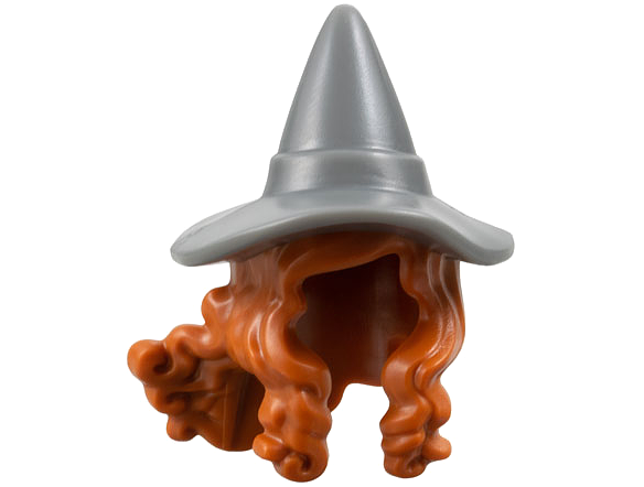 Minifigure, Hair Combo, Hair with Hat, Long Hair with 2 Braids over Shoulders with Molded Dark Bluish Gray Witch Hat Pattern
