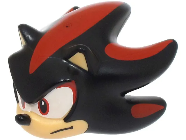 Minifigure, Head, Modified Hedgehog, Shadow with Molded Medium Tan Face and Inner Ears and Printed Red Streaks, Eyes on White Background, Black Nose and Closed Mouth Pattern