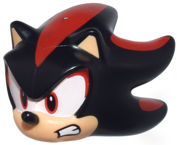 Minifigure, Head, Modified Hedgehog, Shadow with Molded Medium Tan Face and Inner Ears and Printed Red Streaks, Eyes on White Background, Black Nose and Open Mouth Scowl Pattern
