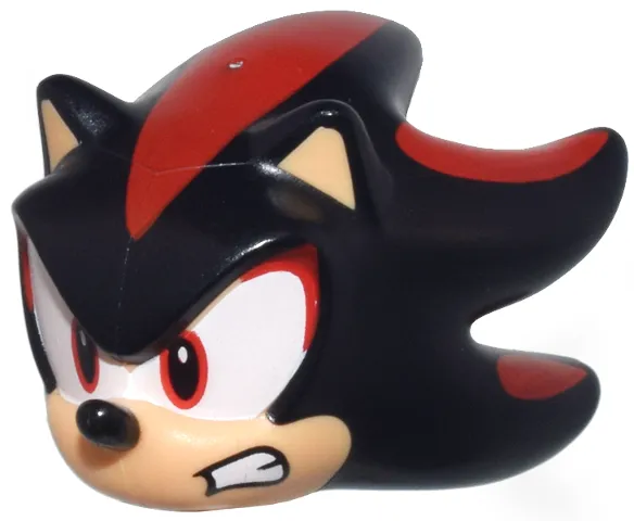 Minifigure, Head, Modified Hedgehog, Shadow with Molded Medium Tan Face and Inner Ears and Printed Red Streaks, Eyes on White Background, Black Nose and Open Mouth Scowl Pattern