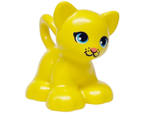 Duplo Cat Kitten Standing with Molded Yellow Feet, Chest, Muzzle, Tail Tip, and Inner Ears and Printed Black Mouth and Nose, Medium Azure Eyes, Coral Tongue Pattern