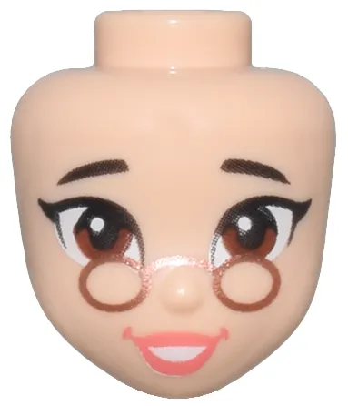 Mini Doll, Head Friends with Dark Brown Eyebrows, Reddish Brown Eyes, Copper Glasses, Coral Lips, Open Mouth Smile with Teeth Pattern