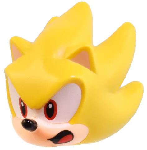 Minifigure, Head, Modified Hedgehog, Super Sonic with Molded Light Nougat Face and Inner Ears and Printed Red Eyes on White Background, Black Nose and Open Mouth with Tongue Pattern