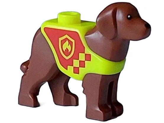 Dog, Labrador / Rescue Dog with Molded Neon Yellow Vest and Printed Red Panel and Squares with Fire Logo Badge Pattern