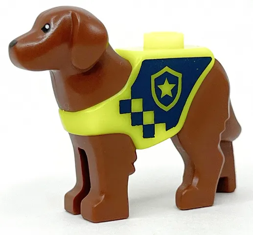 Dog, Labrador / Rescue Dog with Molded Neon Yellow Vest and Printed Dark Blue Panel and Squares with Police Badge Pattern