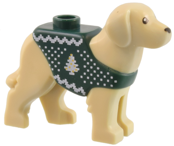 Dog, Labrador / Rescue Dog with Molded Dark Green Vest and Printed White and Gold Knit Fair Isle Holiday Sweater Pattern