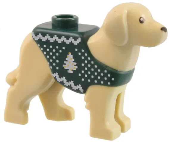 Dog, Labrador / Rescue Dog with Molded Dark Green Vest and Printed White and Gold Knit Fair Isle Holiday Sweater Pattern