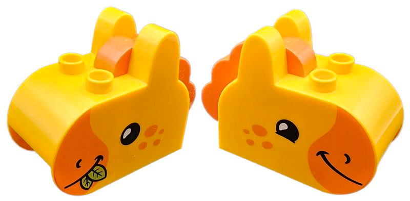 Duplo, Brick 2 x 5 x 3 with Ears on Top with Molded Reddish Orange Mane and Printed Orange Muzzle and Spots, Black Eyes, and Lime Leaves in Mouth, Horse Head Pattern