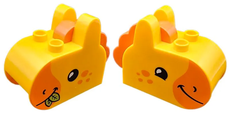 Duplo, Brick 2 x 5 x 3 with Ears on Top with Molded Reddish Orange Mane and Printed Orange Muzzle and Spots, Black Eyes, and Lime Leaves in Mouth, Horse Head Pattern
