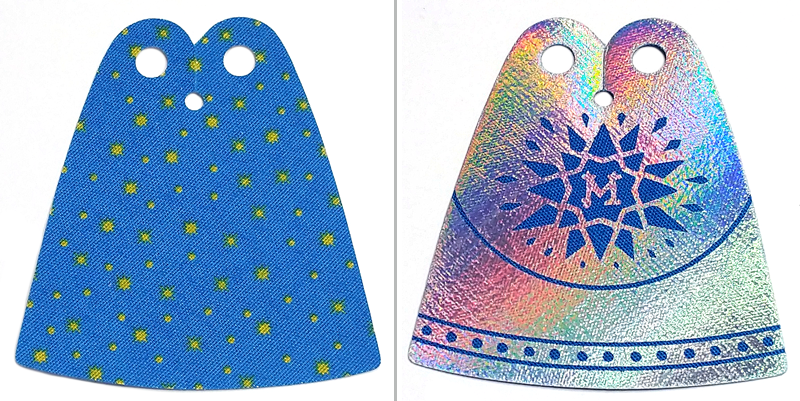 Mini Doll, Cape Cloth, Friends, Tapered with 2 Small Top Holes, Blue Side with Yellow Stars and Iridescent Side with Dark Blue Star and Letter M Pattern