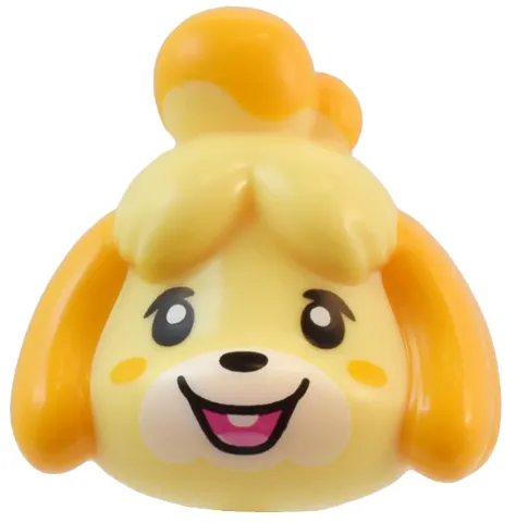 Minifigure, Head, Modified Dog (Shih Tzu) with Molded Bright Light Orange Ears and Top Knot and Printed Black Eyes and Dark Pink and Bright Pink Mouth Pattern