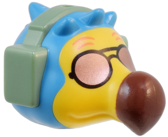 Minifigure, Head, Modified Bird (Dodo) with Molded Sand Green Headset and Yellow Face and Printed Copper Sunglasses, Orange Eyebrows, and Reddish Brown Beak Pattern