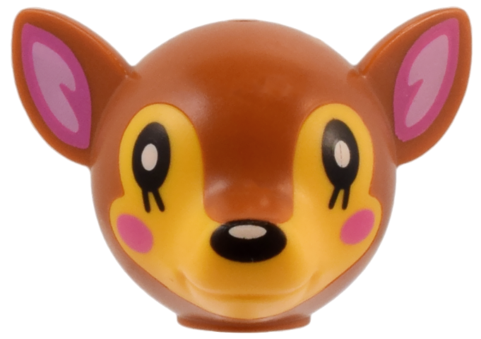 Minifigure, Head, Modified Deer with Ears with Molded Bright Light Orange Face and Printed Black Eyes and Nose, Dark Pink and Bright Pink Auricles and Cheeks, and White Spots Pattern