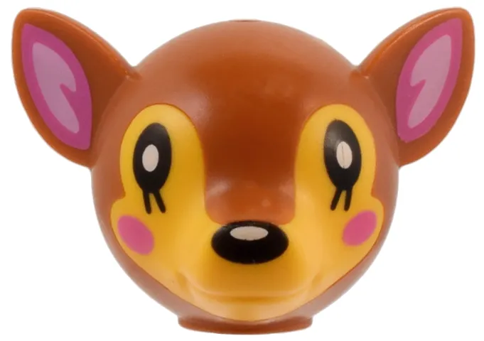 Minifigure, Head, Modified Deer with Ears with Molded Bright Light Orange Face and Printed Black Eyes and Nose, Dark Pink and Bright Pink Auricles and Cheeks, and White Spots Pattern
