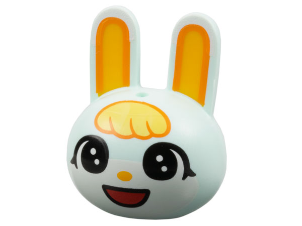 Minifigure, Head, Modified Bunny / Rabbit with Molded Bright Light Orange Inner Ears and Printed Bright Light Yellow Bangs, Large Black Eyes, White Face, Bright Light Orange Nose, Red Open Mouth Smile Pattern