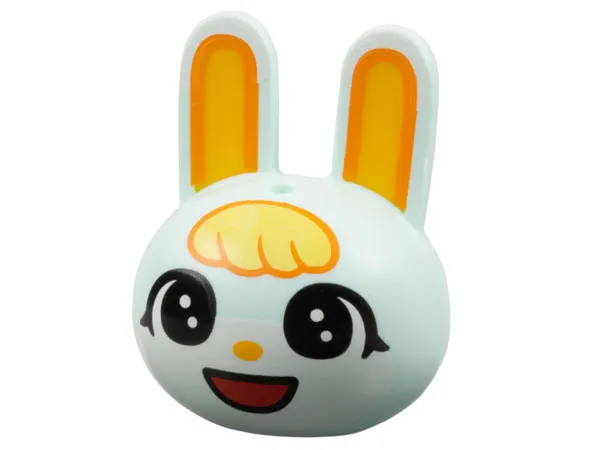 Minifigure, Head, Modified Bunny / Rabbit with Molded Bright Light Orange Inner Ears and Printed Bright Light Yellow Bangs, Large Black Eyes, White Face, Bright Light Orange Nose, Red Open Mouth Smile Pattern