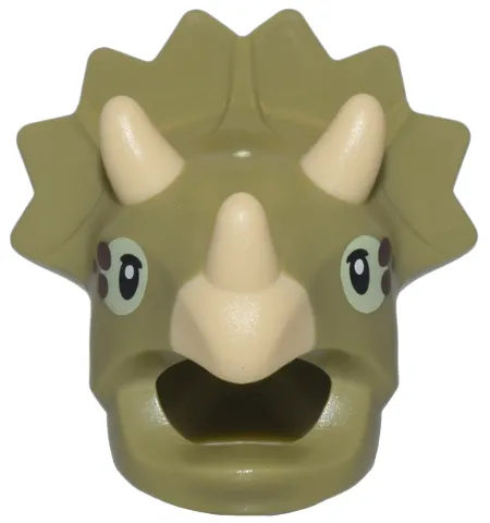 Minifigure, Headgear Head Cover, Costume Dinosaur Triceratops with Molded Tan Horns, Printed Black and Yellowish Green Eyes with Dark Brown Spots Pattern