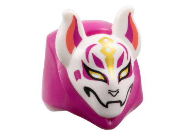 Minifigure, Headgear Hood with Molded White Kitsune Fox Mask and Printed Coral and Magenta Auricles, Gold Eyes and Trim, Black Nose and Mouth Pattern
