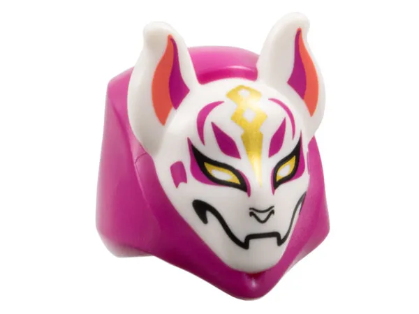 Minifigure, Headgear Hood with Molded White Kitsune Fox Mask and Printed Coral and Magenta Auricles, Gold Eyes and Trim, Black Nose and Mouth Pattern