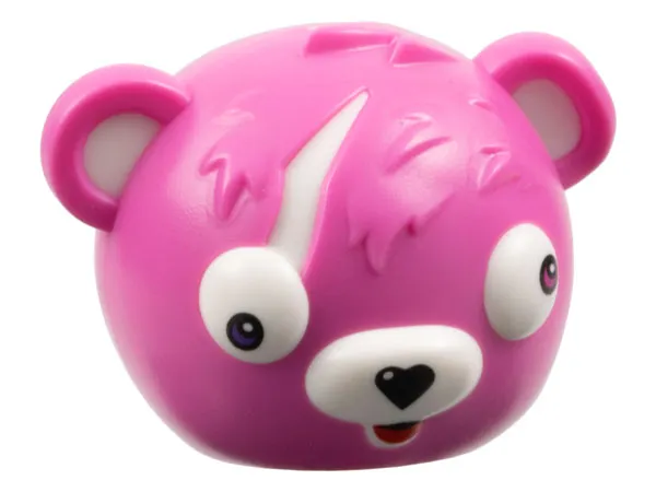 Minifigure, Headgear Mask Bear Rounded with Molded White Auricles, Eyes, Muzzle and Scar and Printed Black Heart Nose, Red Tongue, Magenta Left Eye and Dark Purple Right Eye Pattern