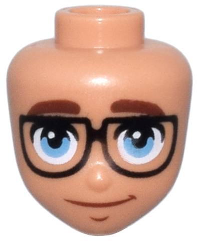 Mini Doll, Head Friends with Reddish Brown Thick Eyebrows, Medium Blue Eyes, Black Glasses, and Closed Mouth Slight Smile Pattern