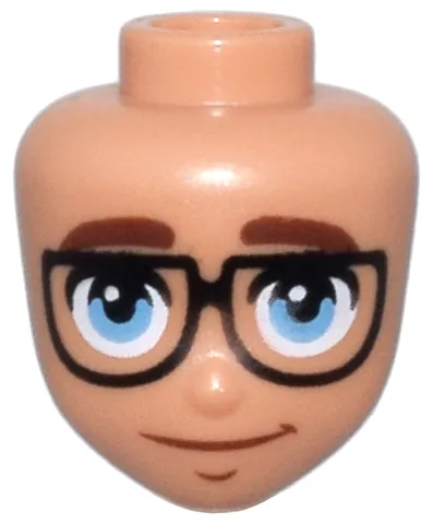 Mini Doll, Head Friends with Reddish Brown Thick Eyebrows, Medium Blue Eyes, Black Glasses, and Closed Mouth Slight Smile Pattern