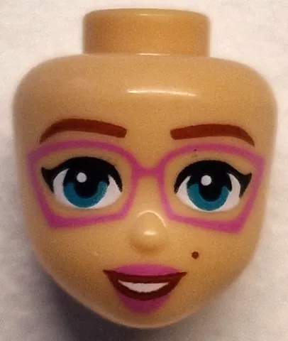 Mini Doll, Head Friends with Reddish Brown Eyebrows and Beauty Mark, Dark Turquoise Eyes, Dark Pink Glasses and Lips, Open Mouth Smile with Teeth Pattern