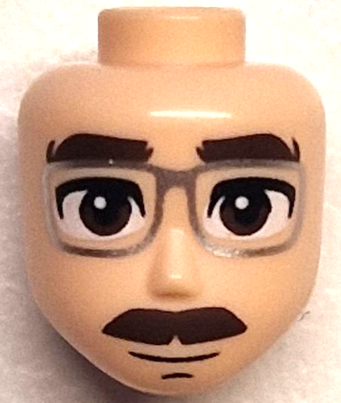 Mini Doll, Head Friends Male Large with Dark Brown Thick Eyebrows, Moustache and Eyes, Black Chin Dimple, Silver Glasses, Grin Pattern