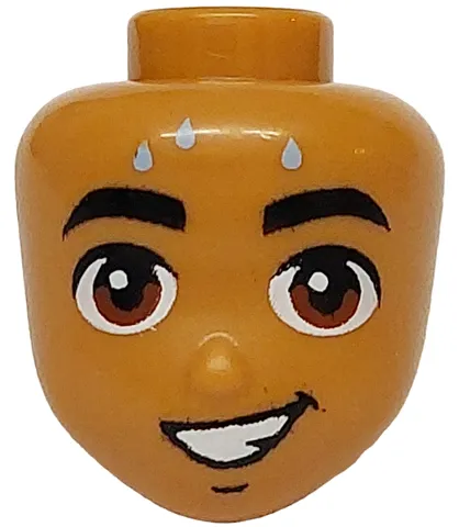 Mini Doll, Head Friends with Black Eyebrows, Reddish Brown Eyes, Bright Light Blue Sweat Drops and Open Mouth Lopsided Smile Pattern