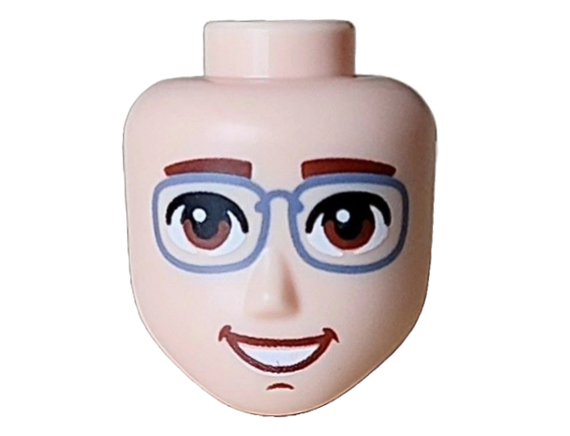Mini Doll, Head Friends Male Large with Reddish Brown Eyes, Eyebrows and Chin Dimple, Open Mouth Smile with White Teeth and Sand Blue Glasses Pattern