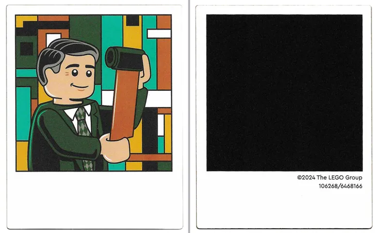 Plastic Polaroid Photo with Minifigure with Dark Green Suit, Checkered Tie, and Black Hair, Film Roll and Black Square on Back Pattern