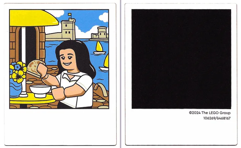 Plastic Polaroid Photo with Minifigure with White Shirt and Black Hair, Outdoor Cafe, Water, and Castle and Black Square on Back Pattern